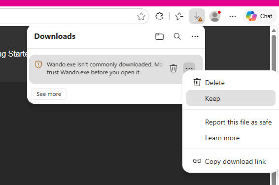 Edge downloads three-dot options menu open with the Keep action visible