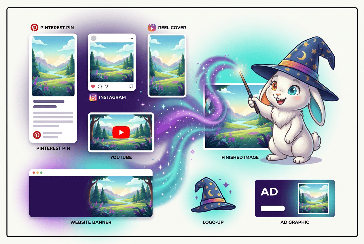 One AI image resized to exact sizes for Pinterest, Instagram, YouTube, website banner, ad and product listing