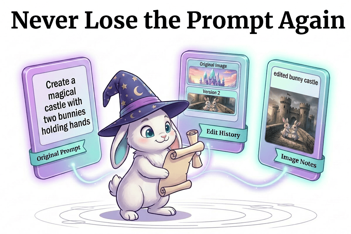 AI image with its saved prompt and edit history so you never lose the prompt that made it