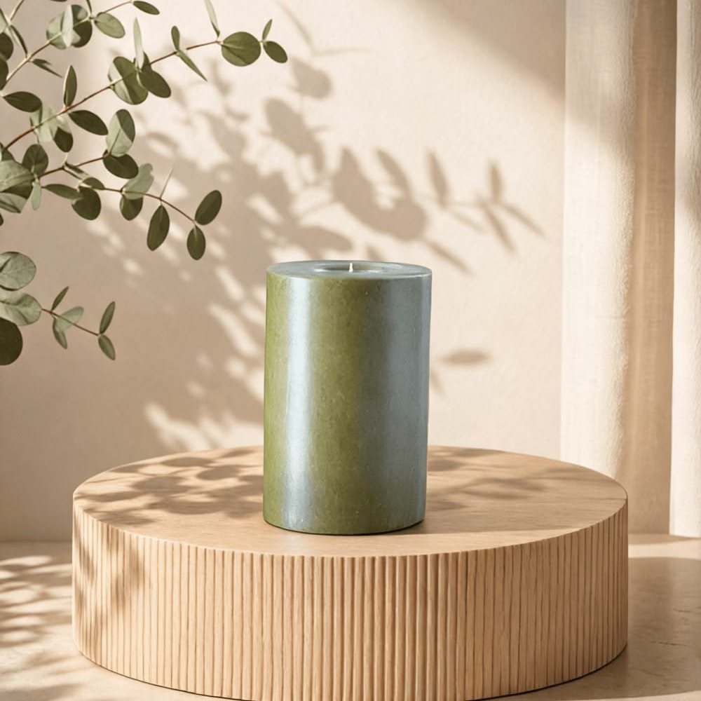 After: the candle restaged on a wooden pedestal with eucalyptus and soft window light