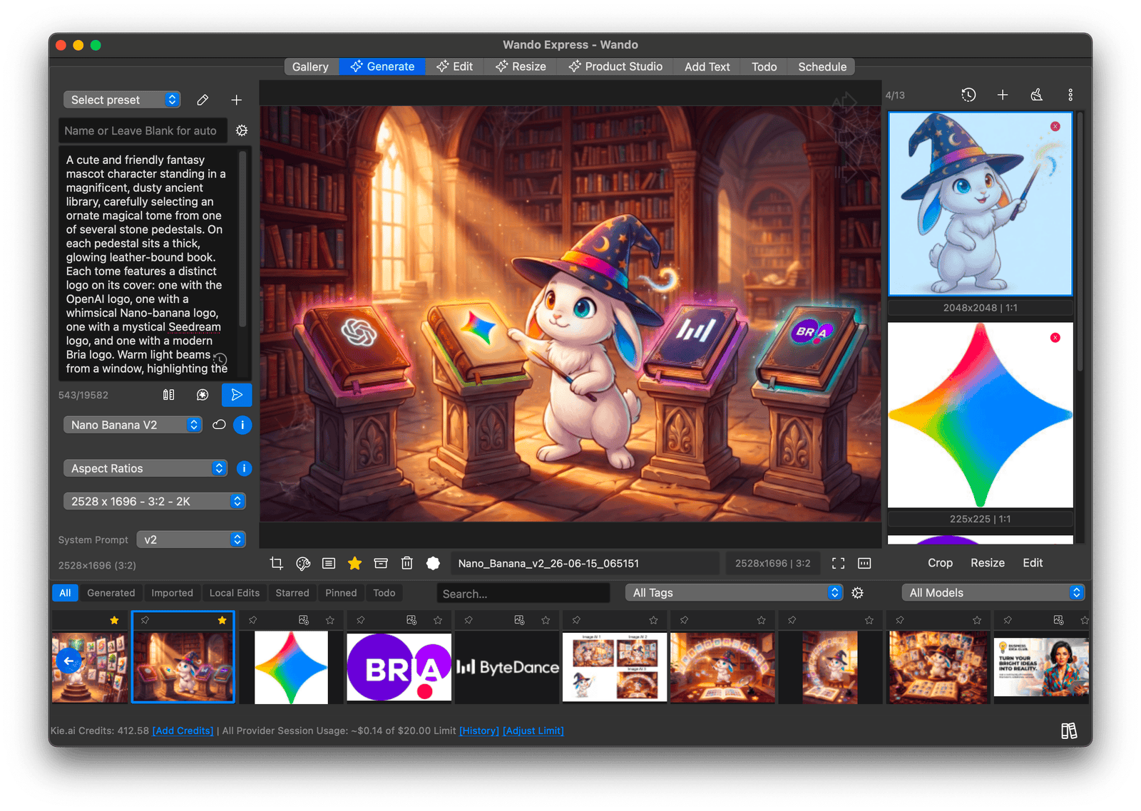 Wando Express Generate tab using Nano Banana V2 and reference images to paint a wizard rabbit choosing between AI model spell books