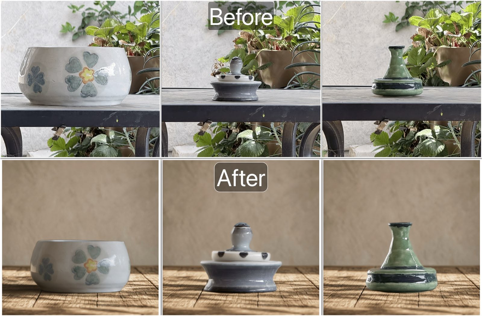 Three handmade ceramics photographed on a garden bench, then restaged by Wando Product Studio on a matching wood and plaster backdrop