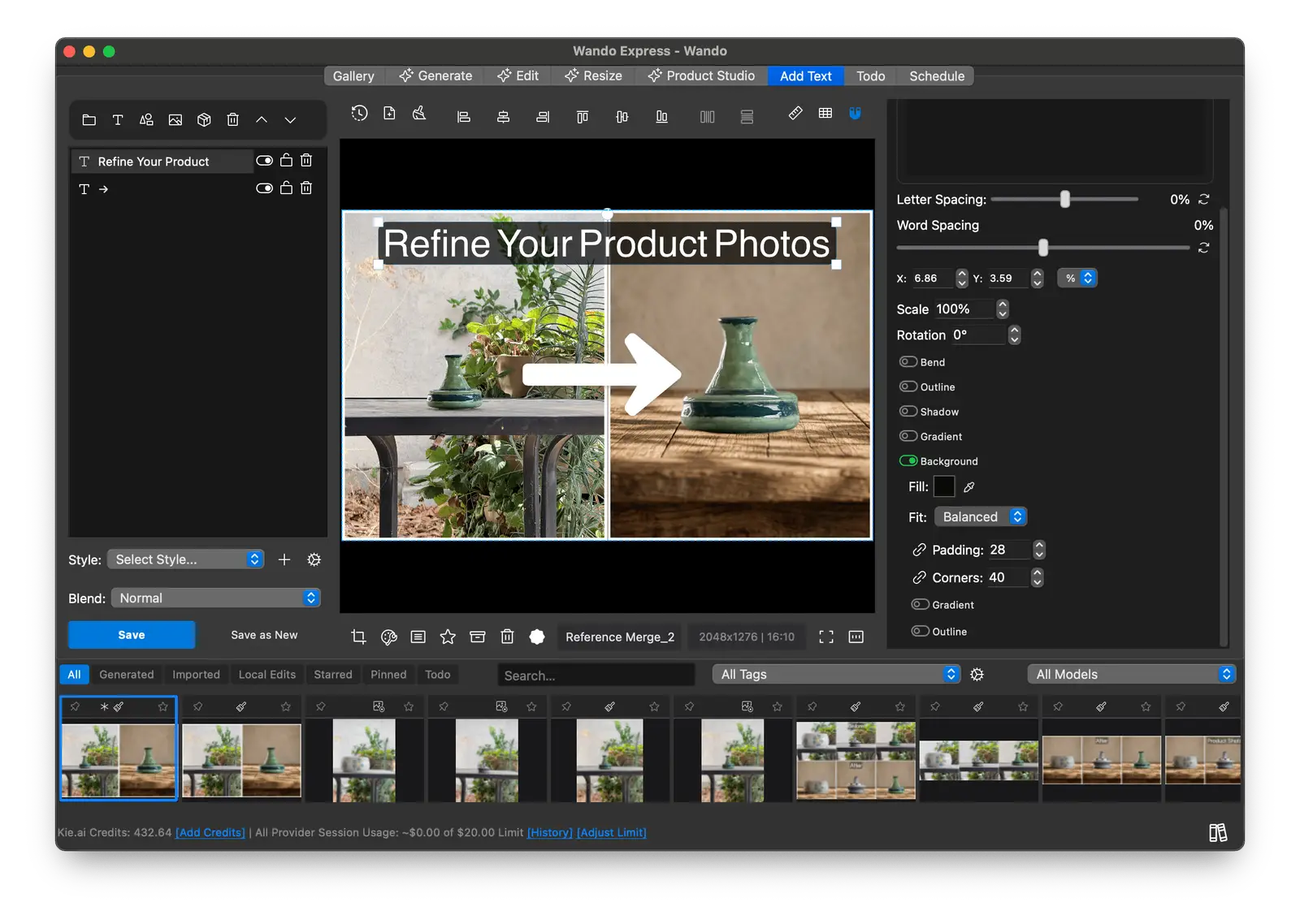 Wando Express Add Text tab placing an editable headline with a background over a before and after product image