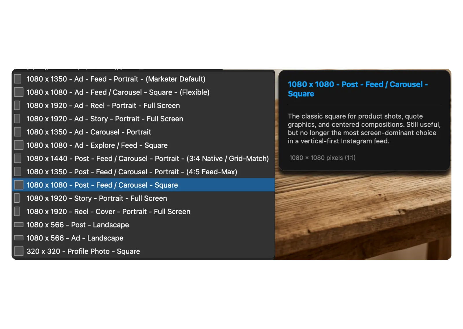 Wando Express Instagram size presets for posts, stories, reels, carousels and ads