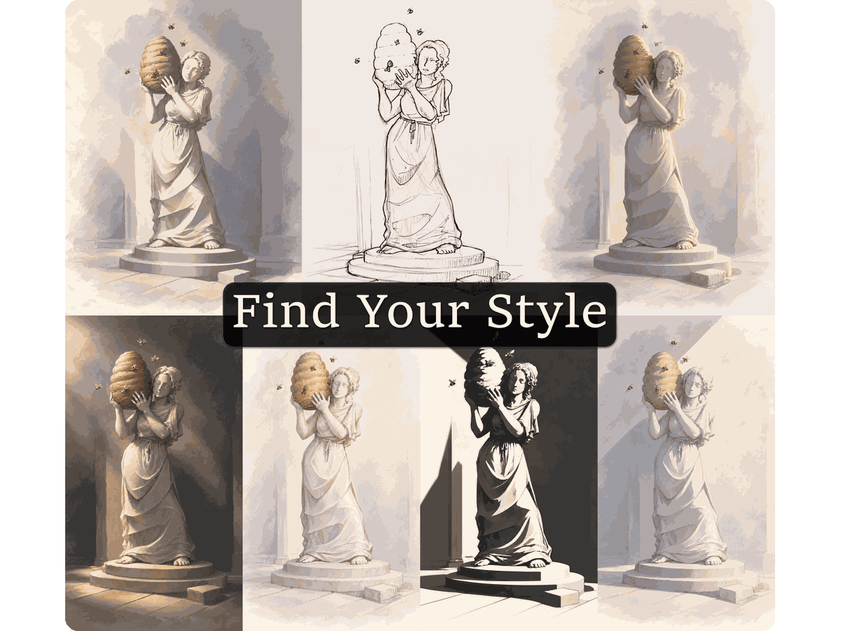 One statue sketch rendered in seven different art styles in a single reference sheet