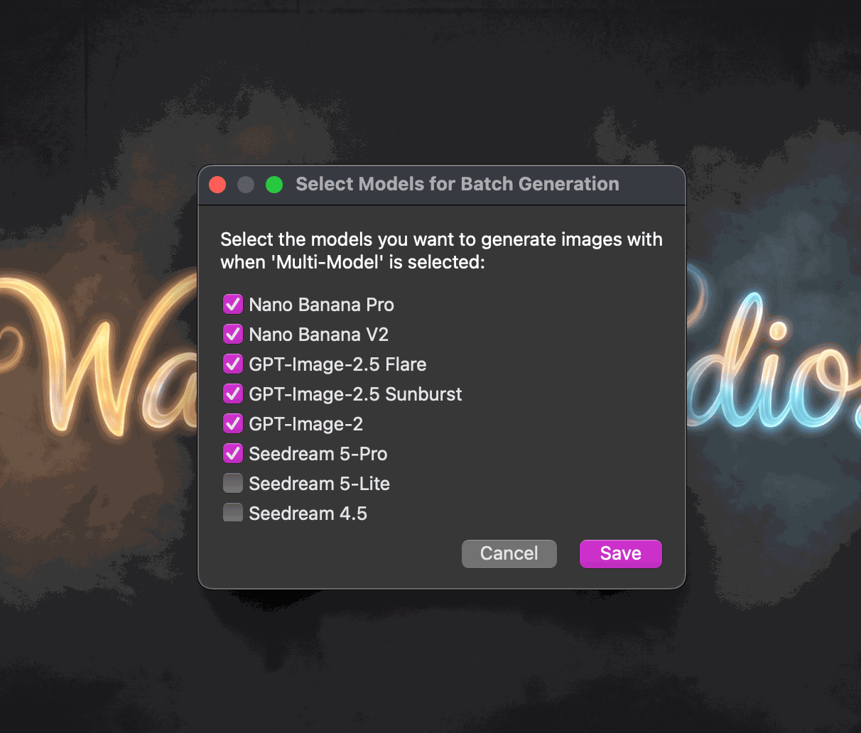 Wando Pro dialog for choosing which AI models to generate with at the same time