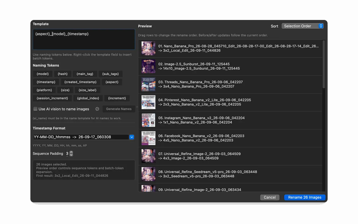 Wando Pro bulk rename previewing new names for 26 images