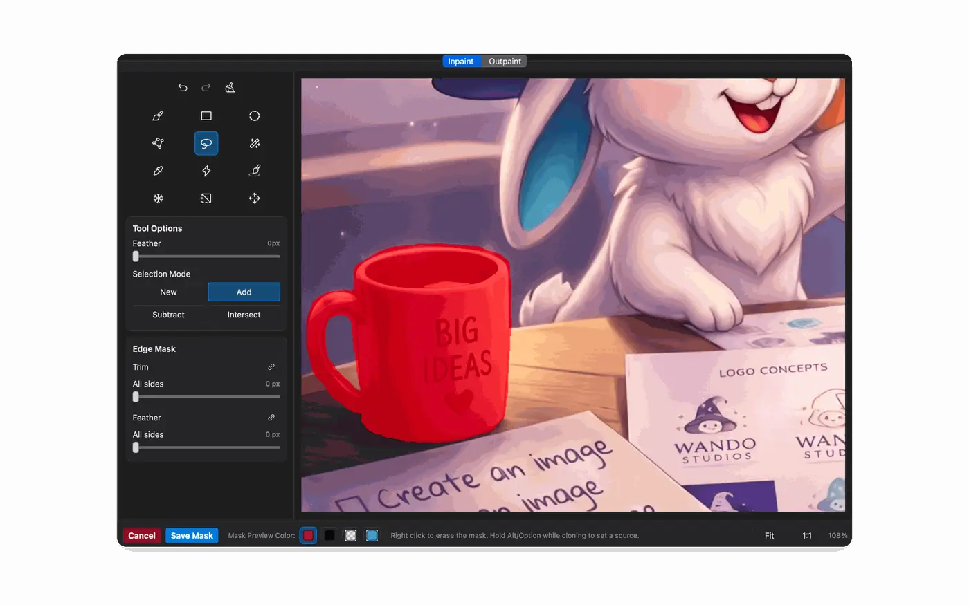 Wando mask editor selecting a mug for inpainting