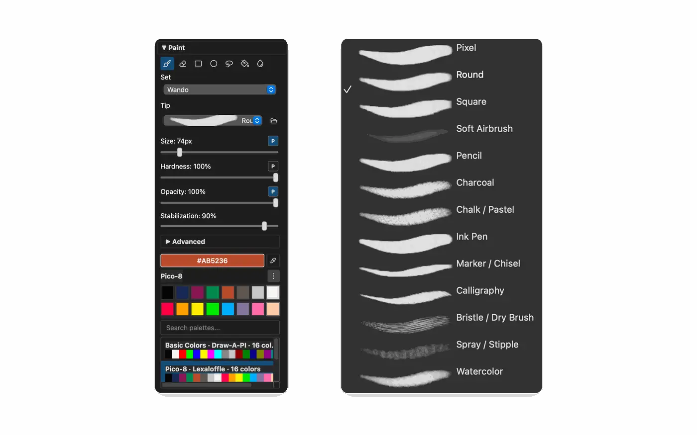 Wando Pro paint tool with pressure toggles and a library of natural brush tips