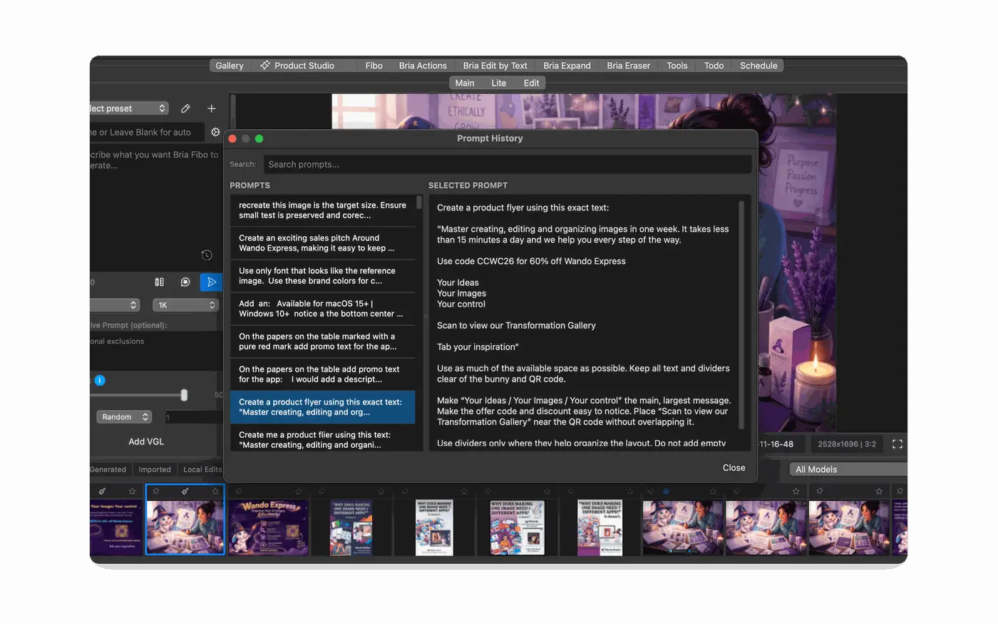 Wando prompt history window with saved prompts