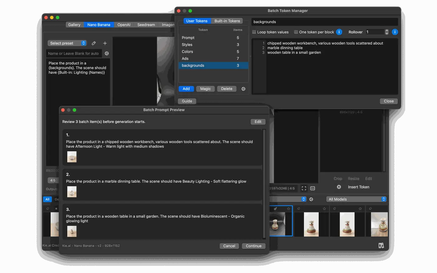 Wando batch token manager previewing three batch prompts