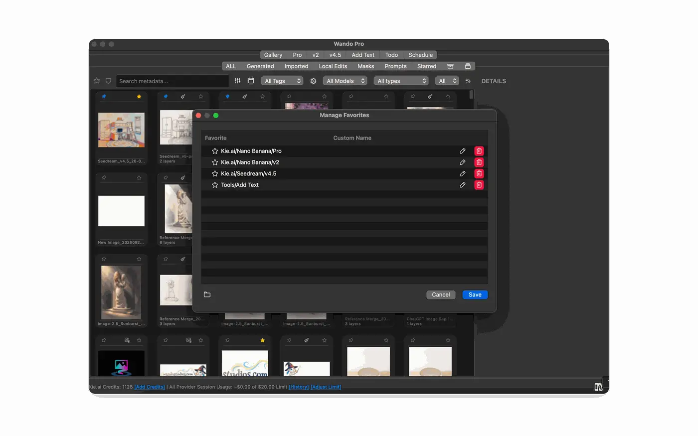 Wando Pro favorites manager for pinning models and tools as tabs